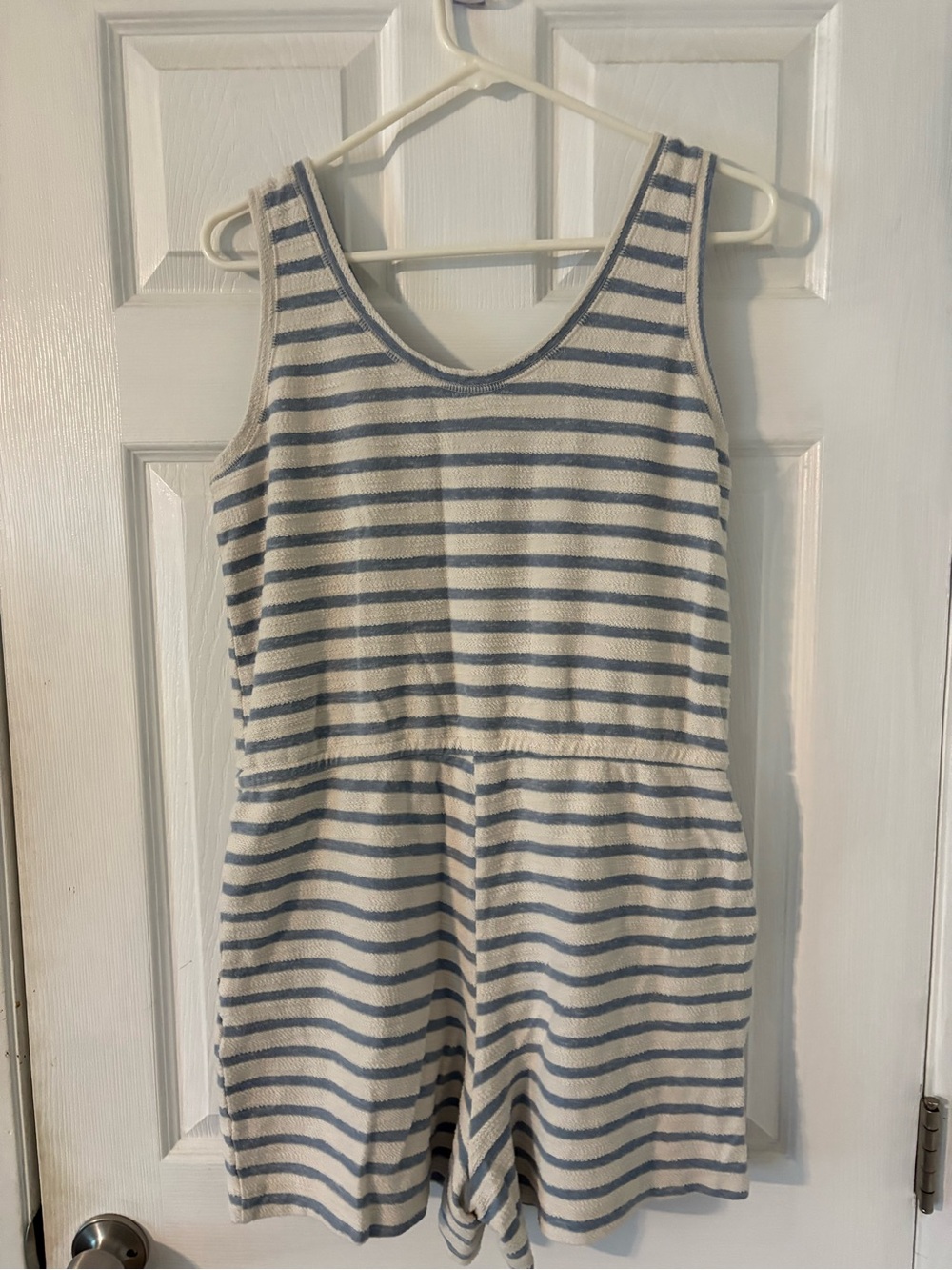 Blue White Striped Terry Cloth Beach Romper Drawstring Pockets M - Picture 2 of 7